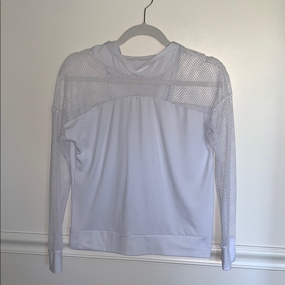 White athleisure long sleeve, hooded, mesh top